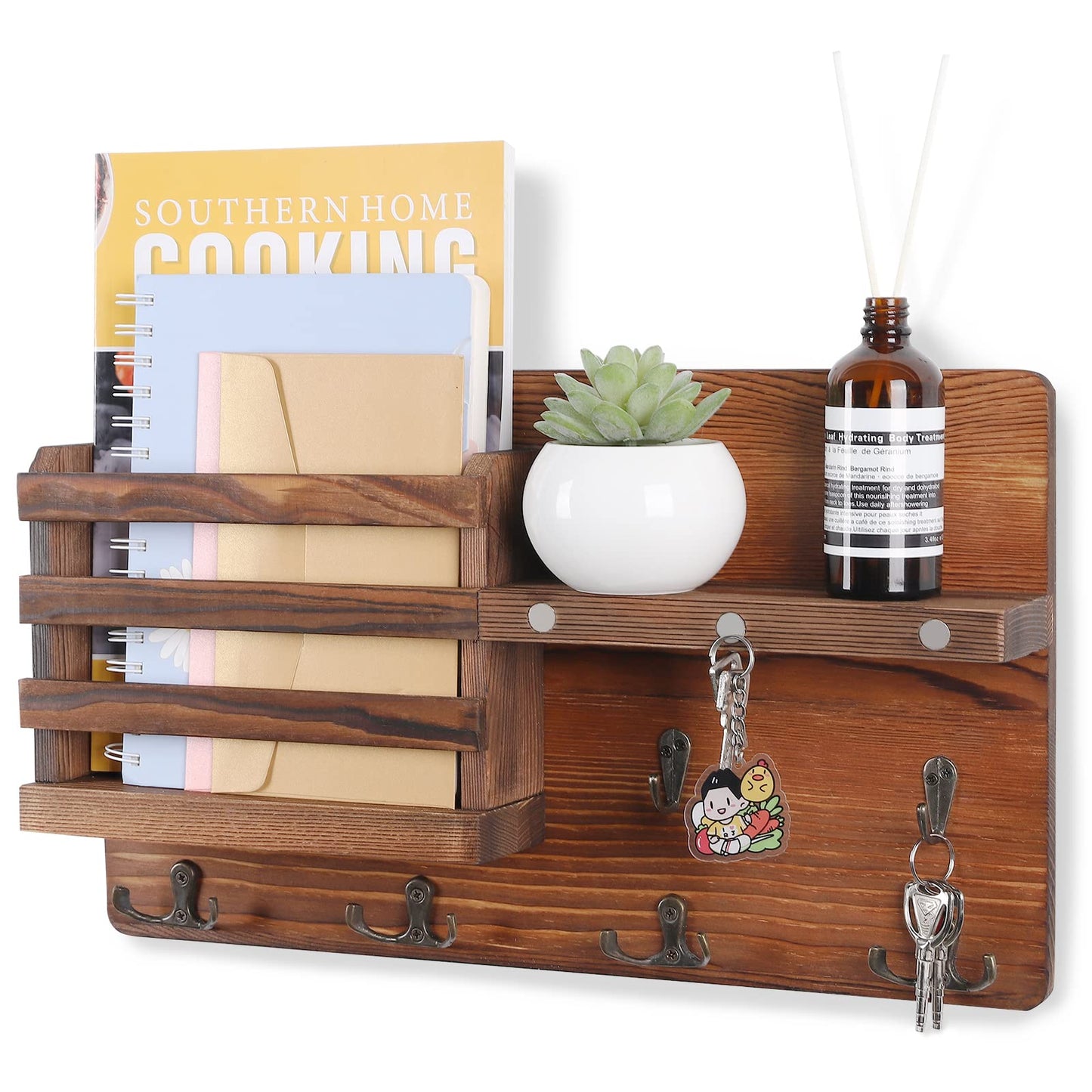 Decorative Key Hanging Rack with 10 Hooks – Easy Install Natural Wooden Key and Mail Holder for Wall Mount – Entryway Decor Rack with Shelf (Brown)