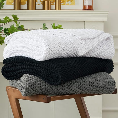 Chunky Cable Knit Throw Blanket Lightweight White 100% Organic Cotton Blanket for Sofa Couch Bed Baby Nursery, Rustic Shabby Chic Modern Farmhouse, Pure White 60” x 80” Give Laundering Bag