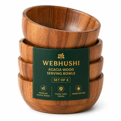 WEBHUSHI Acacia Wood Round Serving Bowls Set of 4 U Shape Handmade 4.75 Inch Medium Size Brown