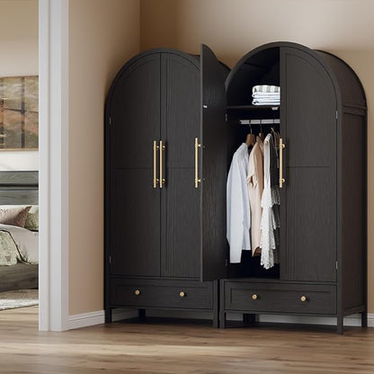 VINGLI Arched Wardrobe Closet Armoire with Doors and Drawer, Bedroom Armoires Black Wardrobe Cabinet Closet,19.7" D x 31.5" W x 69.7" H