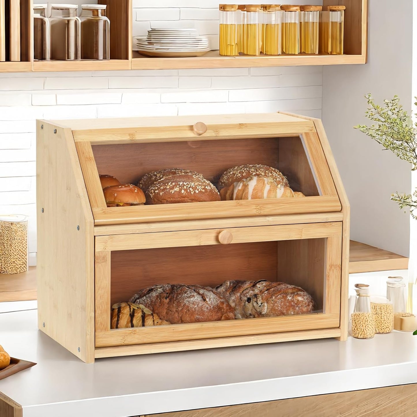 Wcatea Bread Box for Kitchen Countertop, Large Double Layer Bamboo Bread Storage Box with Clear Door, Includes 20 Bread Bags & Labels, Farmhouse Kitchen Storage Organizer (Natural Bamboo)