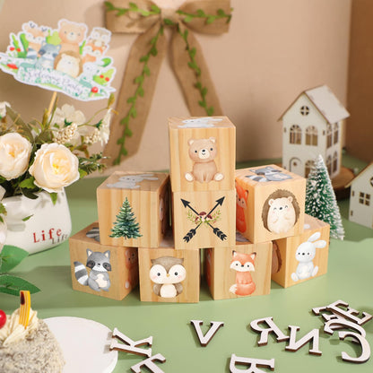 Wonderjune Custom Woodland Animals Wooden Name Sign, 8 Animals Block with 78 Letter Name Cubes for Alphabet Wood Signs Playroom Decoration