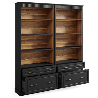 LITTLE TREE 72" Tall Black Bookcase, 5-Tier Office Bookself with File Cabinet Drawers,Modern Floor Standing Storage Filing Cabinet Book Shelf for Living Room,Bedroom