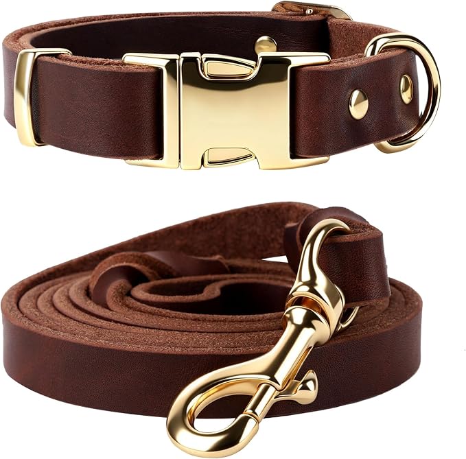 Leather Dog Collar and Leash Set, 6FT Heavy Duty Leather Training Leash with Adjustable Dog Collar, Soft and Durable Dogs Leashes and Collars Set for Small Medium Large Dogs (Brown, L)