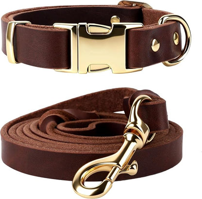 Leather Dog Collar and Leash Set, 6FT Heavy Duty Leather Training Leash with Adjustable Dog Collar, Soft and Durable Dogs Leashes and Collars Set for Small Medium Large Dogs (Brown, XL)