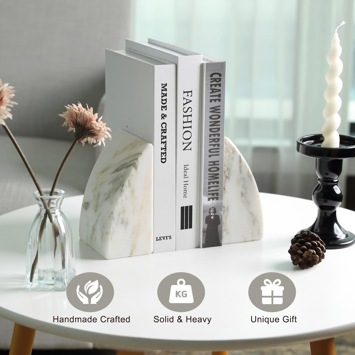 Koville Marble Bookends for Shelves, Large Bookends for Heavy Books, Natural Stone Book Stopper for Books CD Movies, Aesthetic Decorative Book Ends (Oriental Calacatta)