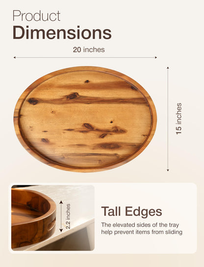 TIDITA Acacia Wood Ottoman Tray with Handles - 20" x 15" Round - Large Oval Serving Trays for Living Room -Wooden Trays for Decorative for Kitchen Counter, Coffee Table, Breakfast in Bed (Acacia)