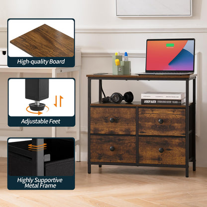 Yoobure Night Stand with Charge Station, Nightstand with 4 Drawers Bedside Table, LED Dresser with Storage Shelf, Night Stands for Bedroom, Side Table 3-Tier Wood End Table for Home Rustic Brown