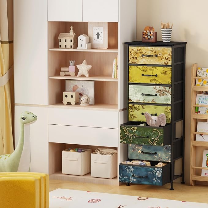 Fixwal Vintage Flower Tall Dresser for Bedroom, Storage Dresser Organizer with 7 Fabric Drawers, Nightstand Furniture in Closet, Entryway