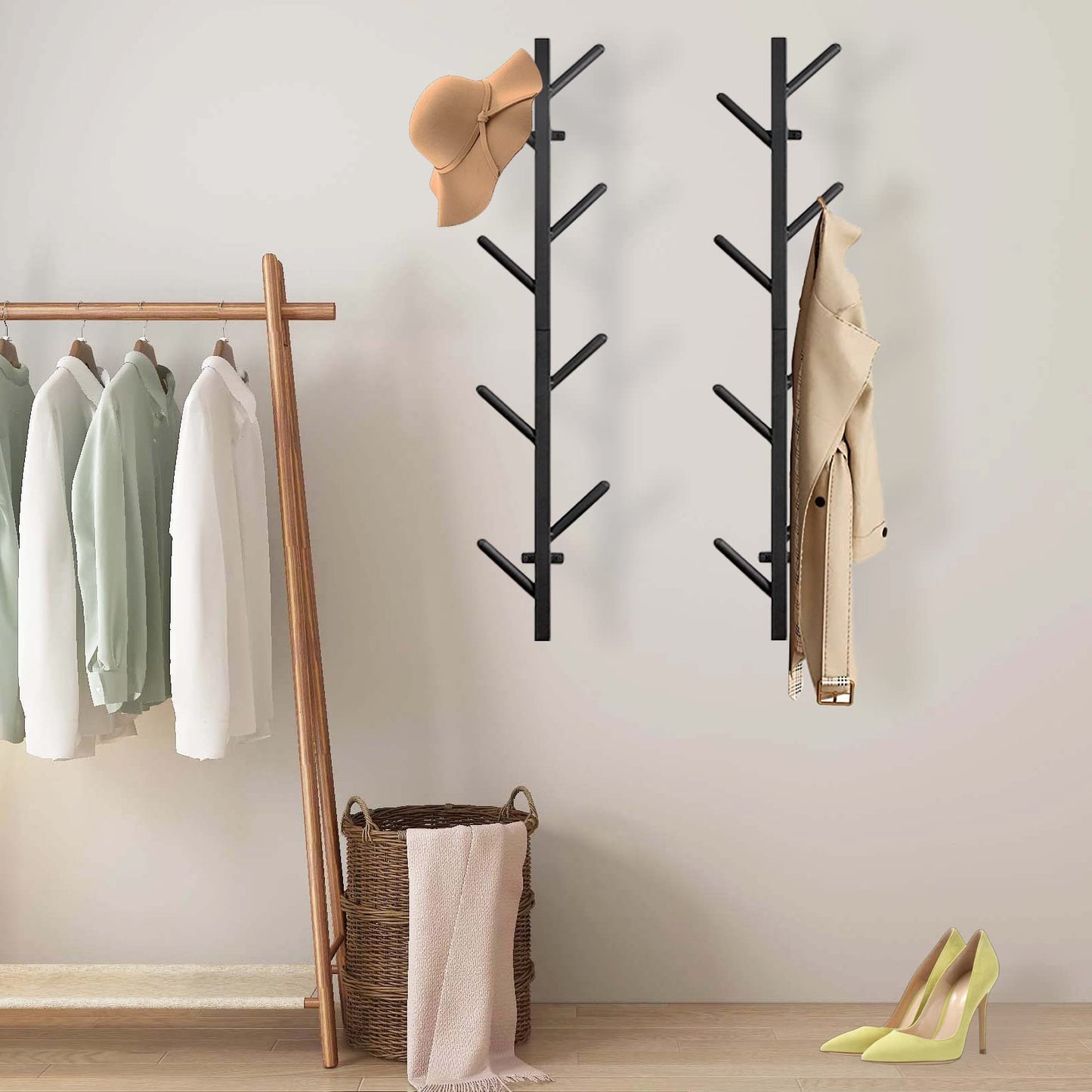GAWAMAY Vertical Coat Rack Wall Mount Set of 2, Black Modern Metal Coat Hanging Cowboy Hat Rack for Wall, Mounted Coat Hooks Organizer for Entryway (H-33.4") (Black)