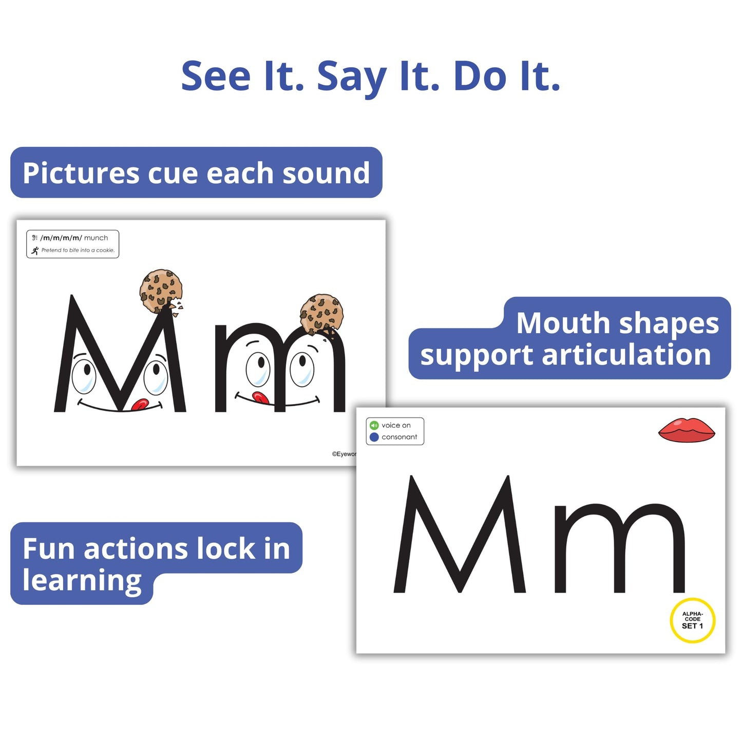 Eyewords Alpha-Code Set 1 Phonics Cards, 43 Dual-Sided 4x6, K-3 Classroom & Home, Letters & Sounds, RTI/MTSS & ELL, Picture & Mouth Cues, Digraphs, 10 Activities, Teacher/Parent Friendly, Model EW-31