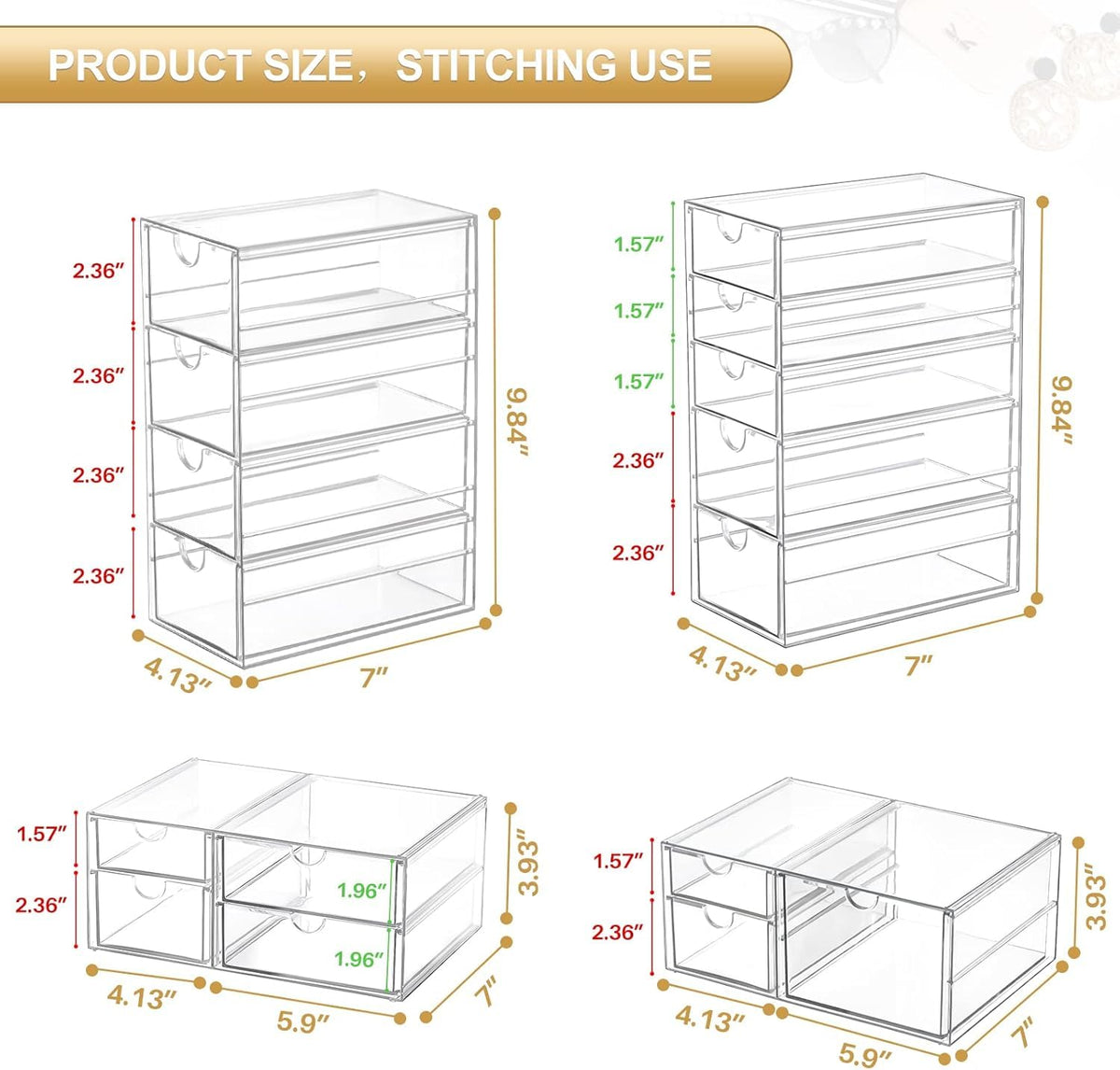 caktraie Makeup Organizer Storage With 16 Drawers, 4 Pcs Desktop Office Supplies, Desk Organizers, Clear Accessories, Dustproof Storage Drawer and for Make Up, Jewelry, Pen, Stationary