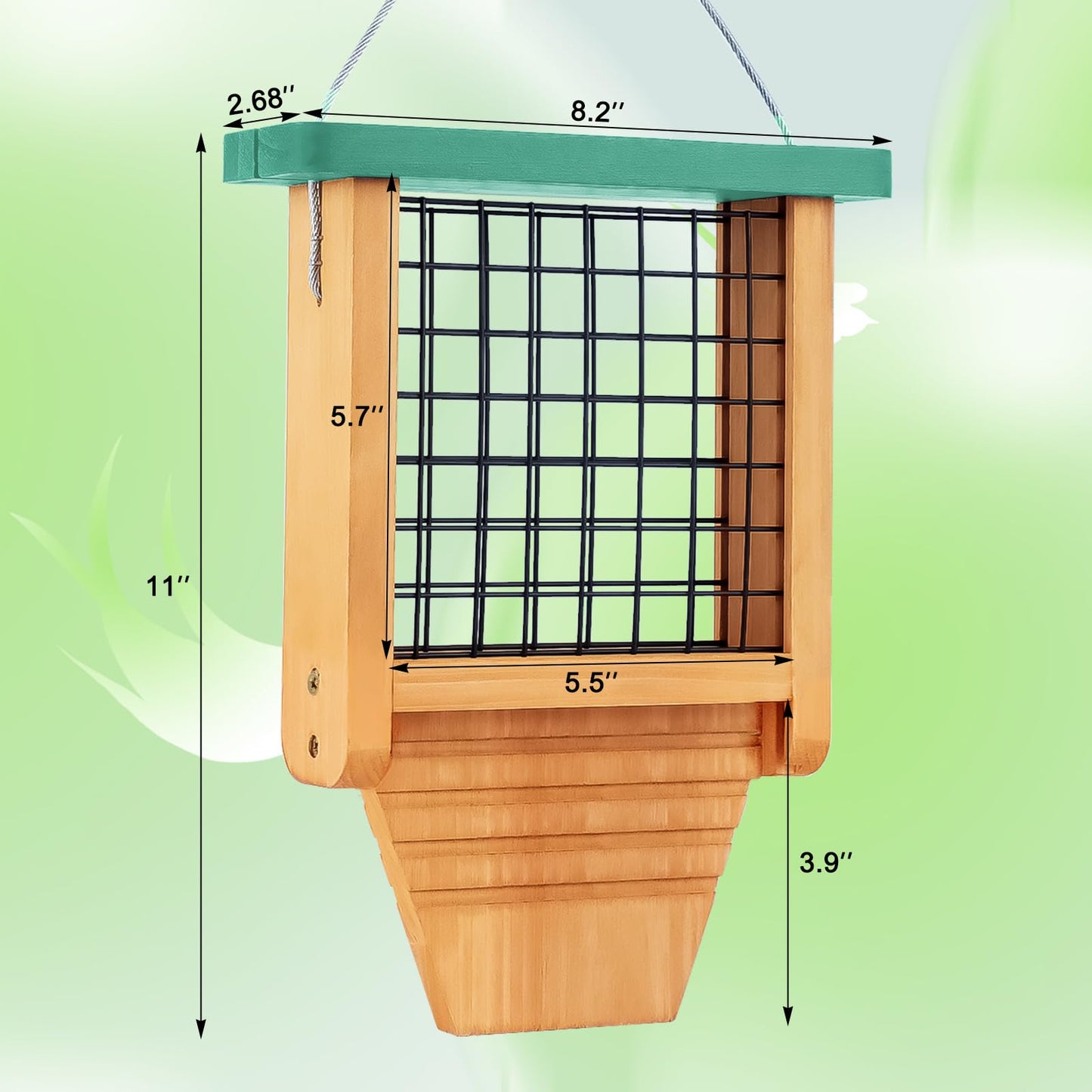 Gbekery Wooden Suet Bird Feeder for Outside Hanging, Woodpecker Suet Feeder with Tail Prop, Hanging Bird Feeder for Wild Birds, 1 Pack, Green