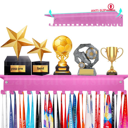 Lapetale Fashion Non-Slip Pink Trophy Shelf - 16 Inch Medal Hanger Display for Wall with Upgraded Shelves for Trophies, Gymnastics, Soccer, Swim