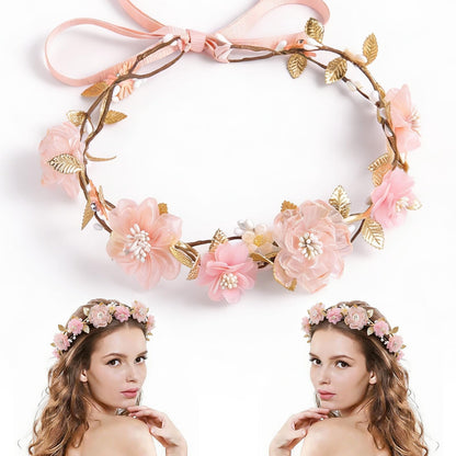 MEMOVAN Pink Flower Crown Headband Rose Floral Headpiece Adjustable with Gold Leaf Bohemian Fairy Flower Renaissance Hair Wreath Accessory for Girls Women Birthday Wedding Party Photo Props