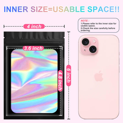 ANZNKU 100 Pack Holographic Mylar Bags, Smell Proof Sealable Packaging Bags with Clear Window for Small Business, Resealable Zip Bag for Candy Treat Jewelry Goodie Sample & Gifts (Black, 2.4 x 3.9 in)