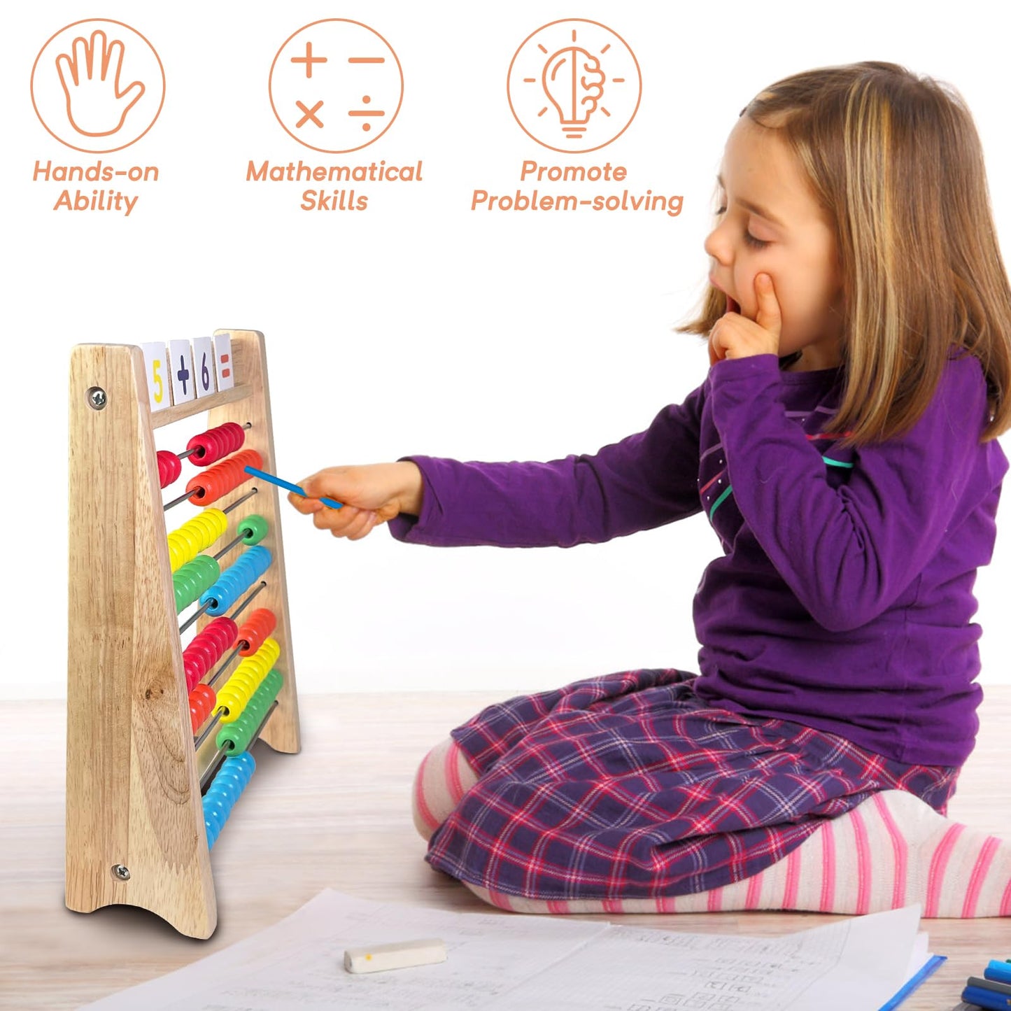 Wooden Abacus for Kids Math - 10 Row Bead Counting Frame with Counting Sticks & Number Alphabet Cards, Learn Counting, Educational Gift for Toddlers, Preschoolers - Ideal for Home, School & Daycare