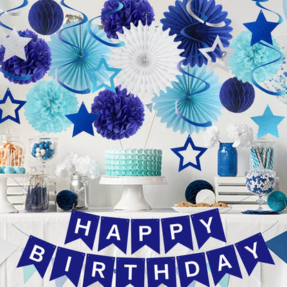 Blue Birthday Decorations for Men Boys Navy Blue Happy Birthday Banner Paper Fans Paper Pom Poms Star Hanging Swirls for Men Women Boys Girls Blue Birthday Party Decor