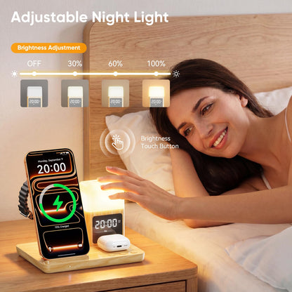 6 in 1 Wireless Charging Station with Clock & Night Light，Alarm Clocks for Bedrooms,Wireless Charger Stand with Beside Clock for iPhone 17/16/15/14/13/12 Pro Max, Apple Watch,Airpods (Wood)