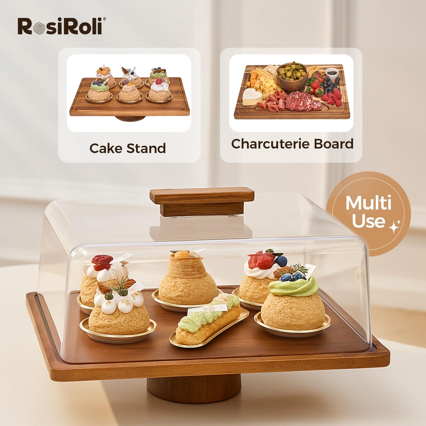 RosiRoli Acacia Wood Cake Stand with Lid, 2-in-1 Rectangular Charcuterie Board & Dessert Display with Shatterproof Acrylic Dome Cover, Serving Platter for Outdoor Entertaining, Wedding Receptions