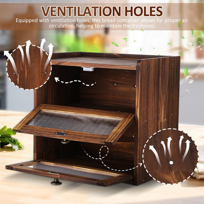 UKCOCO Wooden Bread Box 2 Layer Bread Box for Kitchen Counter Rustic Keeper with Ventilation Holes Magnetic Closure Front Windows Countertop Storage Organizer Brown