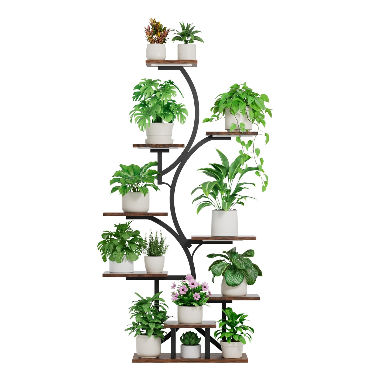 Plant Stand Indoor with Grow Light: Lighted Plant Stands 56.5" Tall, 9 Tiered Large Plant Shelf for Indoor Growing, S-Shaped Flower Holder Display for Multiple Plants, Living Room, Patio (Black)