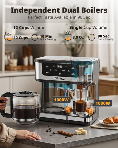 AIRMSEN 12-Cup Programmable Dual Coffee Maker – Single Serve Machine for K-Cup Pods & Ground, 1000W Fast Brew, Delay Start, 2H Keep Warm, Touchscreen, 60oz Tank, Glass Carafe – Home & Office