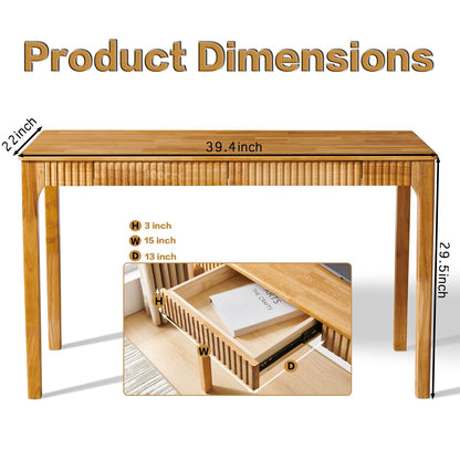 JTYP Solid Wood Desk with Drawers, Light Wood Desk for Small Spaces, Small Writing Desk for Bedroom, Gaming Study Home Office Wooden Desks for Work, 39 inch Wood Computer Desk
