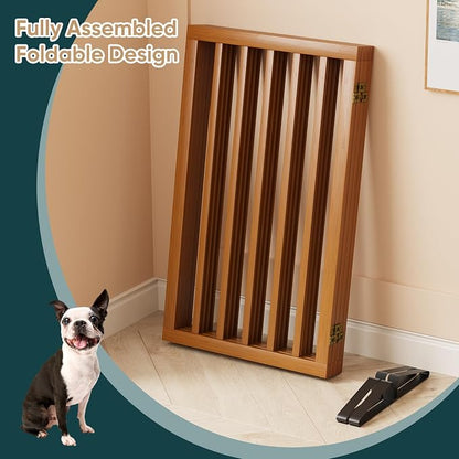 32" H Extra Tall Freestanding Dog Gates Indoor, 4-Panel Bamboo Wood Door Gates for Pets with 2 Metal Stands and 360°Hinge, Folding Pet Barrier for Stairs, Doorways, Kitchen 74" W x 32" H - Walnut