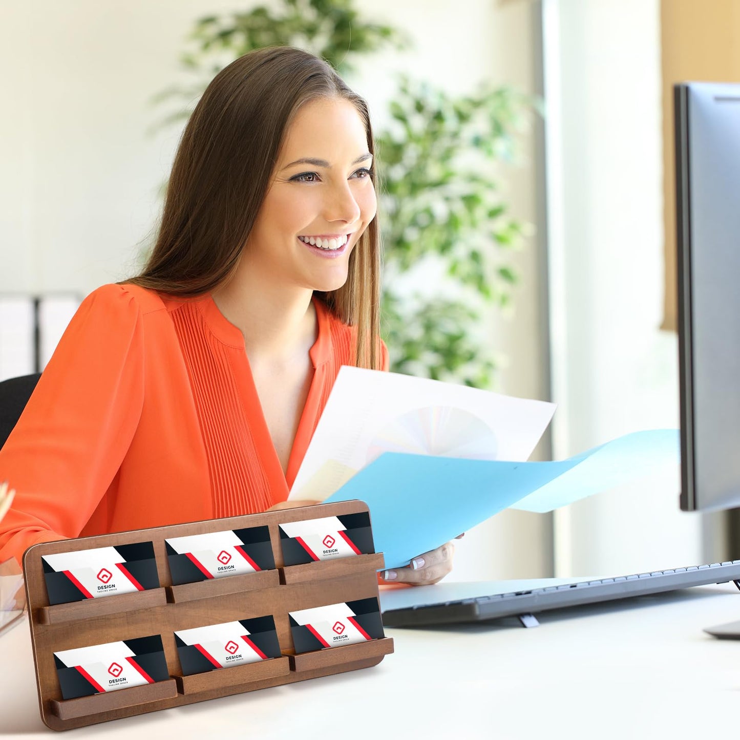 Leinuosen 2 Tie Wood Business Card Holder for Desk 6 Slot Wooden Business Card Display Stand Multiple 2 Tie Detachable Organizer for Desktop Office Home Exhibition Meeting (13 x 6.3 Inch)