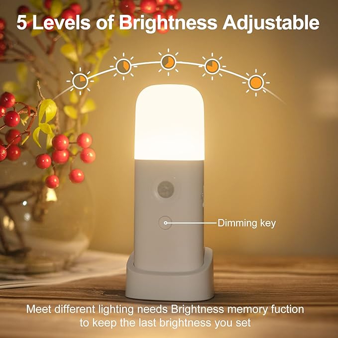 YELKO Rechargeable Night Light, Motion Sensor, Warm White 1Pack | Handheld Portable, Dimmable, 2000mAh Battery Powered, 5-Level Brightness, For Seniors Kids Adults