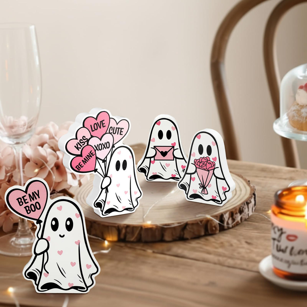 Novabright 4 Pcs Valentines Day Ghost Table Decorations Wooden Pink Heart Horror Valentines Decor Cute Ghost Boo Tiered Tray Decor Wood Centerpieces Signs Tabletop for Home Office Party Love Gifts