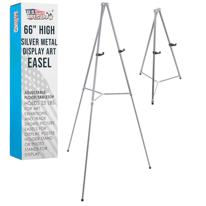 U.S. Art Supply 66" High Gallery Silver Metal Display Easel - Large Adjustable Height Portable Easel Stand, Sign Display, Holds 25 lbs - Floor & Tabletop Easels, Painting Stand