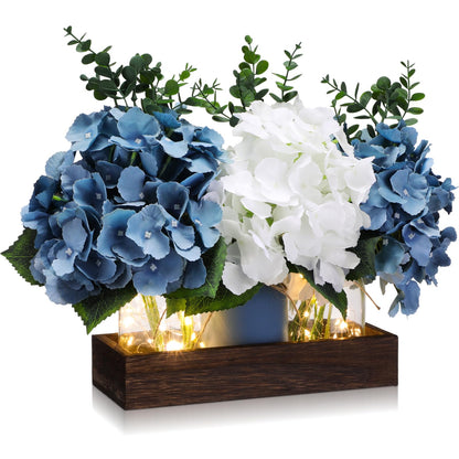 Suncalla 3 Pcs Blue Hydrangea Centerpiece for Table Artificial Hydrangea Flowers with LED Light Mason Jar Wood Tray Eucalyptus Stems Blue Table Decor for Coffee Wedding Kitchen Dining Living Room