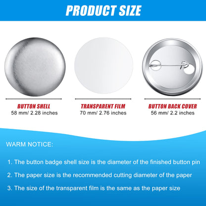 300 Pieces Blank Button Making Supplies Round Badge Parts Metal Pin Badge Kit for Button Maker Machine, Including Metal Shells Back Cover and Clear Film(2.28 Inch,Silver)