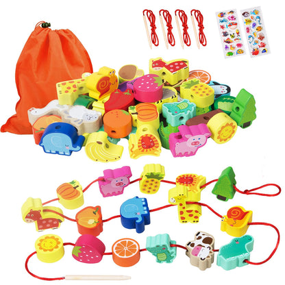 Montessori Educational Wooden Lacing Beads Toys for Toddler 3 4 5 Year Old, Farm Animals Fruits Vegetables Threading Toys Preschool Stringing Fine Motor Skills Toy for Boys Girls [with 3D Stickers]