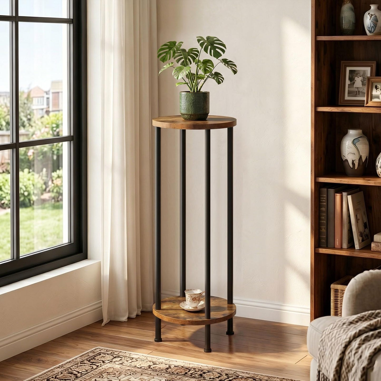 HOOBRO Plant Stand Indoor, 2 Tier 32.8" Tall Small Plant Shelf for Small Space, Round Potted Holder Rack, Modern Flower Stand for Living Room Balcony Garden, Rustic Brown and Black BF15HJ01
