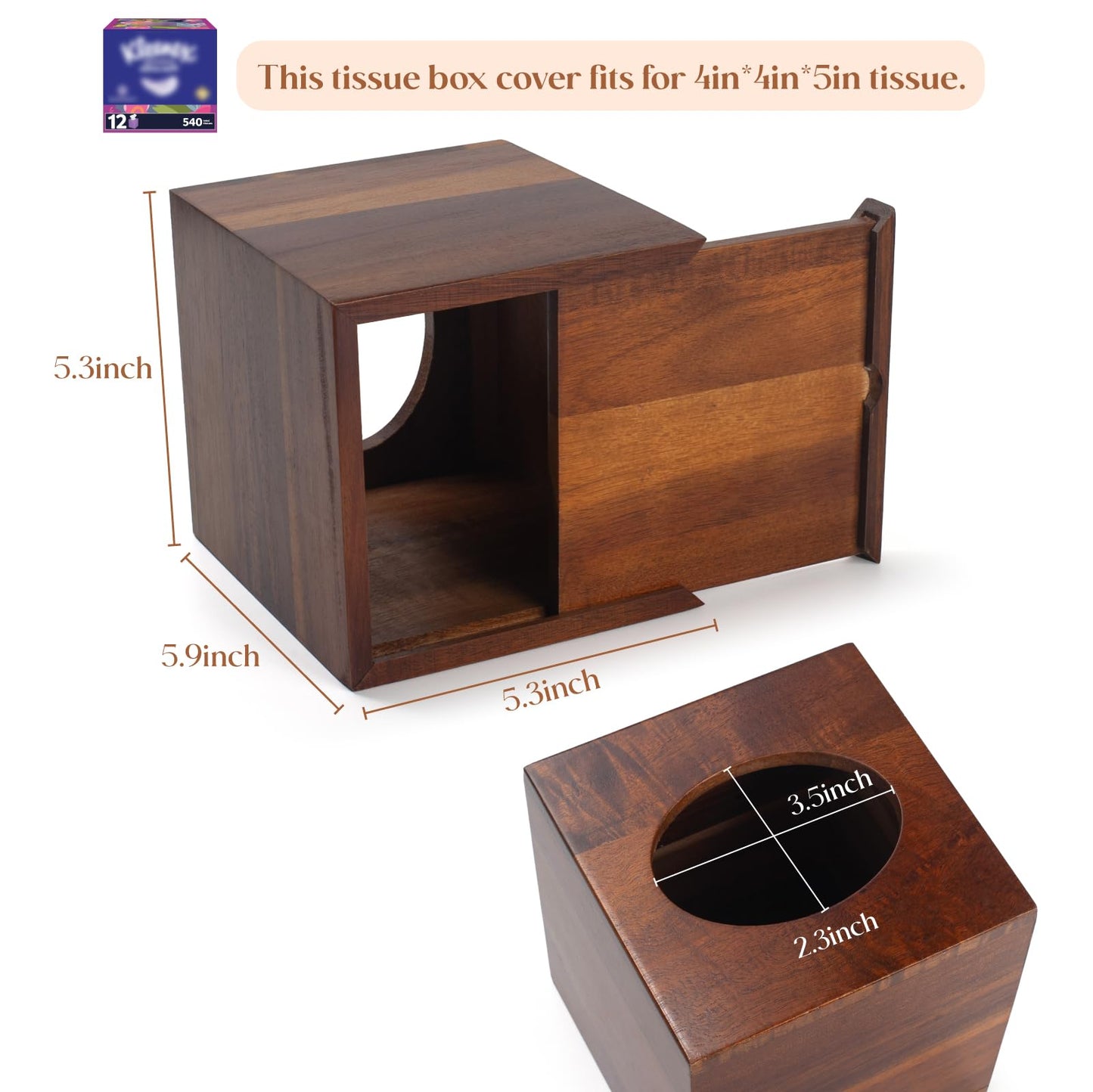 2 Pack Acacia Wood Tissue Box Cover, Square Wooden Tissue Holder for Bathroom, Living Room, Dining Table, Decorative Cube Facial Tissue Box Cover, 5.3 x 5.3 x 5.9 inches
