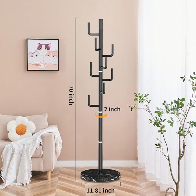 ZOZOE Metal Modern Coat Racks, Cactus Coat Rack Freestanding with Natural Marble Base, Black Coat Rack Stand with 8 Hooks, Coat Tree Hanger Stand for Bags, Hats, Entryway, Office