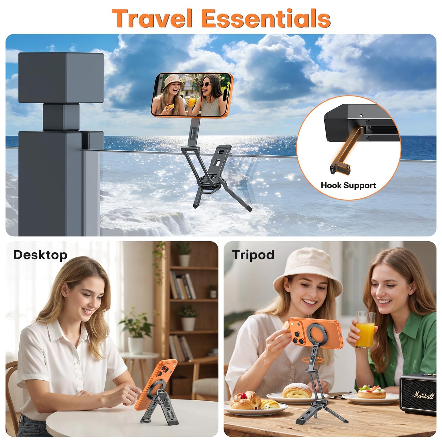 OMOTON TP06 [Equipped Lanyard] for MagSafe Tripod Hook with Magnet Back & Arca-Swiss Base, 360° Rotating with 1/4" Screw, Magnetic Phone Tripod for iPhone 17/16 Pro Max Air Fits Vlog, Travel, Gym