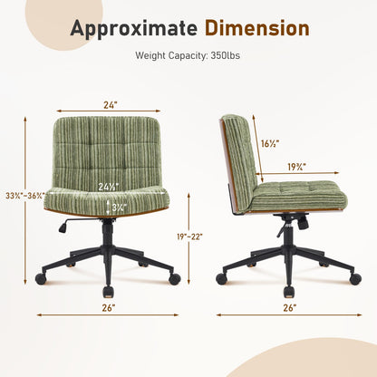 Furnimart Heavy-Duty Curved FSC Wood Desk Chair 360° Swivel,Premium Chenille Criss Cross Chair with Wheels Wide Seat, Comfy Armless Cross Legged Sitting for Bedroom, Office, Vanity(Green)
