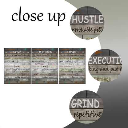 PSYYSP 3 Piece Canvas Wall Art Grind Execution Hustle Posters, Rustic Motivational Triptych Wall Decor for Office, Bedroom, Dorm, Business Workspace, Framed Canvas 36x16inch