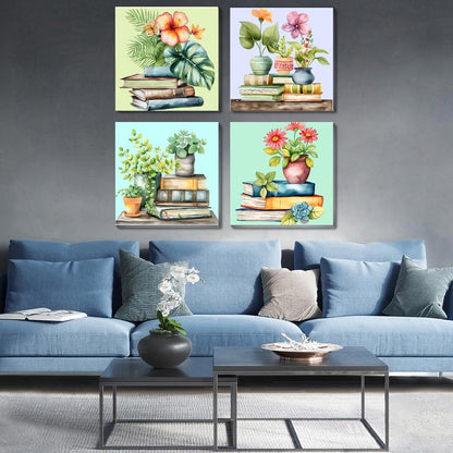 Fotasmua 4 Pack Framed Paint by Numbers for Adult, Book Paint by Numbers Kit for Adults Kids, DIY Flowers Plant Acrylic Painting on Canvas for Home Wall Art Decor 8 x 8 Inch