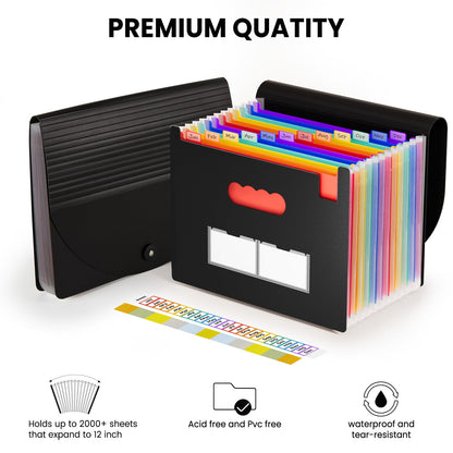 Sooez Accordion File Organizer, 13 Pockets Expanding File Folder, Portable Monthly Paper Bill Tax Receipt Organizer, Letter A4 Size Document Holder with Blank Labels, White