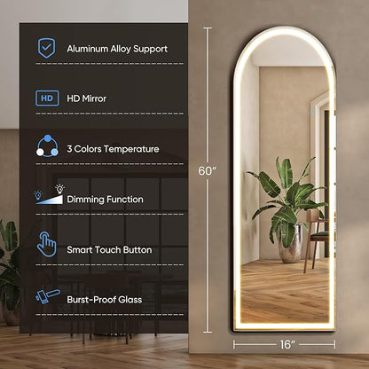 OLIXIS 20"x 63" Arched LED Full Length Mirror with Lights, Standing Lighted Floor Full Body Mirror with 3 Color Lighting, Wall Mounted Mirrors for Bedroom, Bathroom, Entryway with Tempered Glass