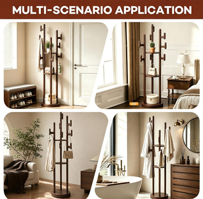 Wamhom Rotary Coat Rack Freestanding - Solid Wood Coat Tree with 9 hooks & 3 Storage Shelves for Purse, Bag, Jacket, Hat, Corner Hanger Stand Racks for Hall, Entryway, Office, Modern Clothes Holder