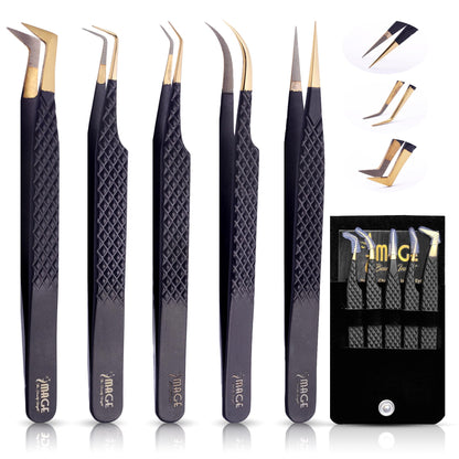 5 Pcs Fiber-Tip Japanese Steel Lash Tweezer Set with Leather Case, Professional Eyelash Tweezers for Lash Extensions – Titanium Coated, 90 & 45 Angled, Precision Pointed Tweezers (MATT BLACK)
