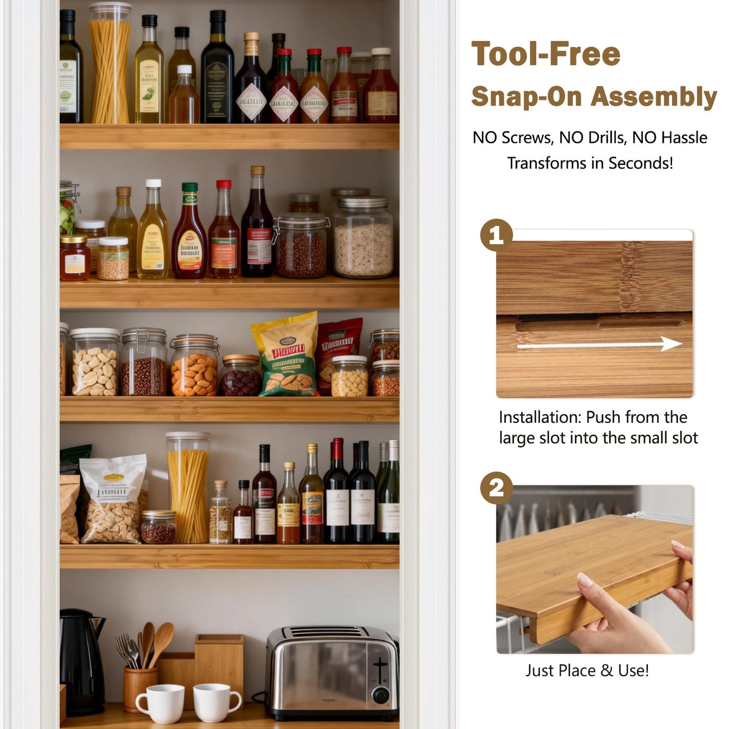 Fobyni Solid Carbonized Bamboo Wire Shelf Covers for Wire Shelving, Wire Rack Covers for Pantry Shelves, Tool-Free & Snap-On (5pcs, 24" W x 12" D)