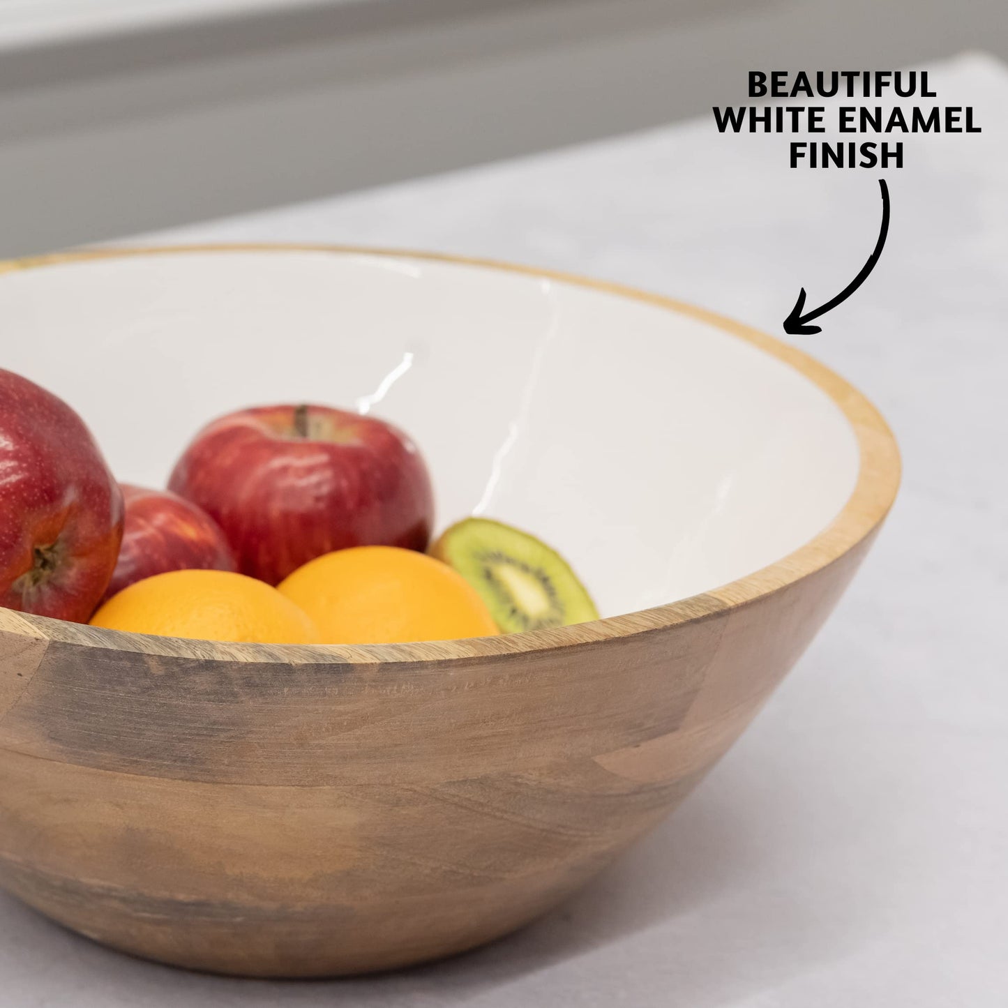 Folkulture Salad Bowls or Wooden Bowls with Salad Servers, Large Serving Bowl or Fruit Bowl, Wooden Salad Bowl Set for Mixing or Tossing, 12" D x 5" H, Mango Wood, White