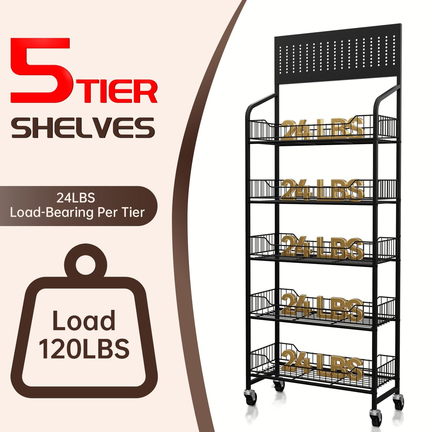 5-Tier Metal Display Rack Large Snack Shelving Unit with Hanging Panels and 12 Hooks 4 Casters for Easy Mobility Freestanding Display Unit Ideal for Supermarkets and Retail Stores (65.23H*23.8W*10.4D)